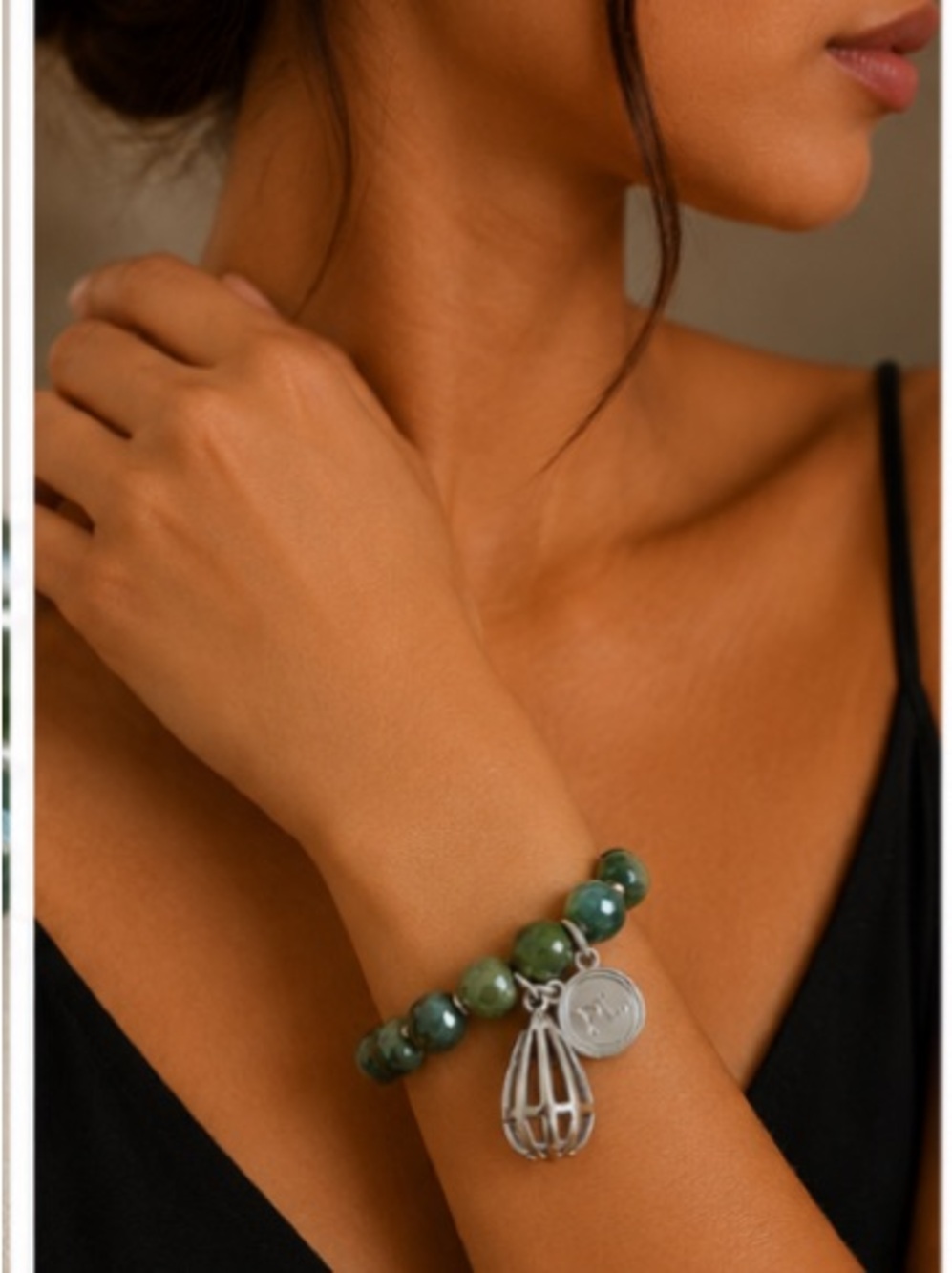 Gold Charm Bracelet with Natural Green agate Stone Beads - Women Jewelry